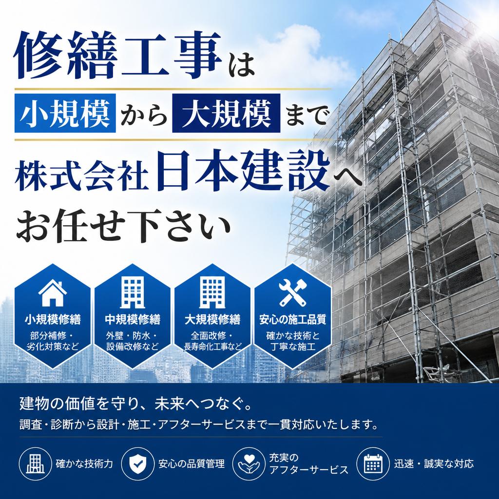 修繕工事は小規模から大規模まで株式会社日本建設へお任せ下さい
