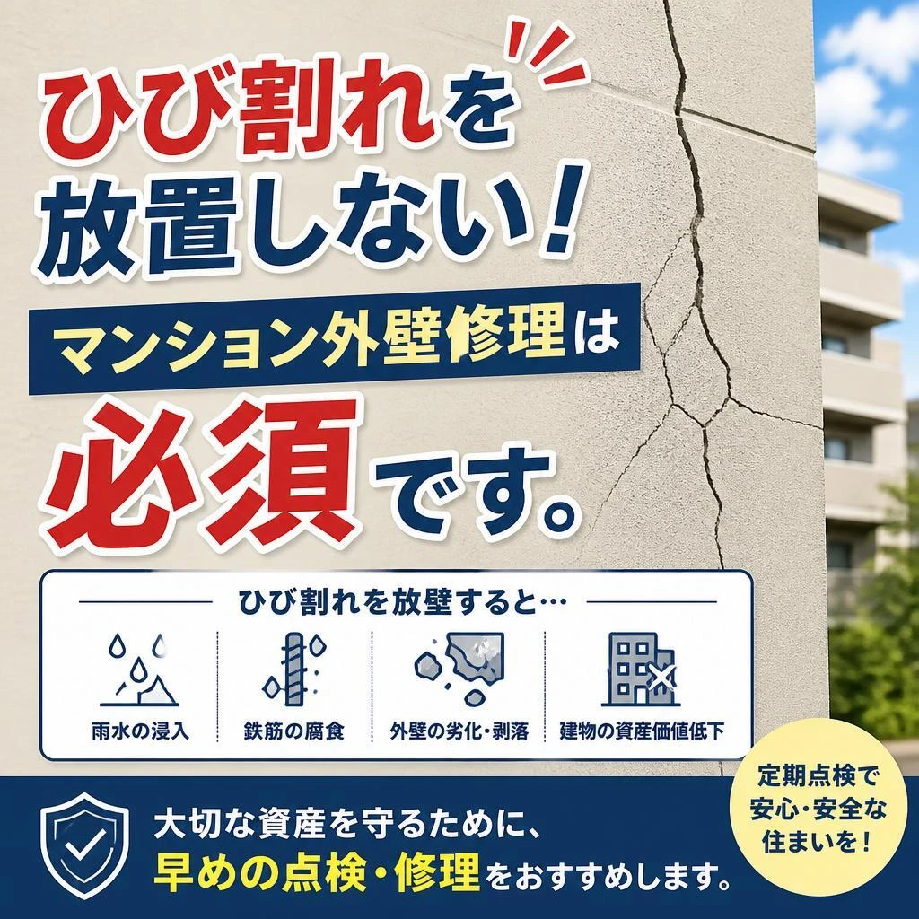 ひび割れを放置しない！マンション外壁修理は必須です。